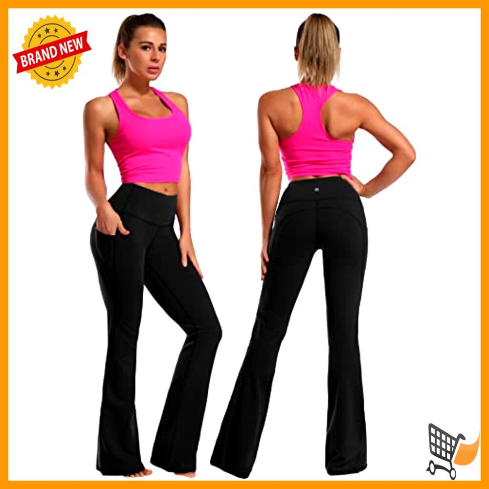 High Waist Bootcut Yoga Pants Tummy Control Flared Pockets Workout - Picture 3 of 7